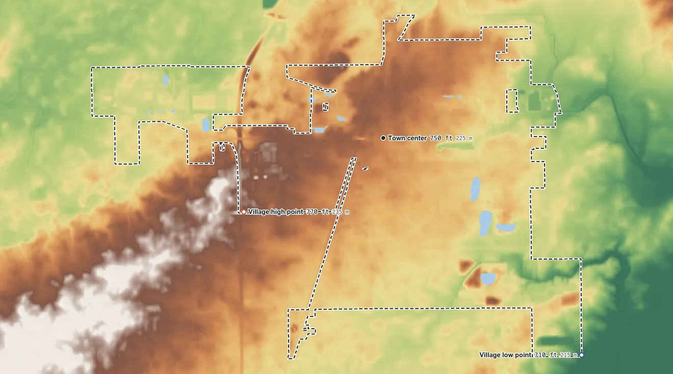 Topographic elevation map of Rantoul, Illinois, shaded from 710 ft on the southeast side to 770 ft on the southwest side