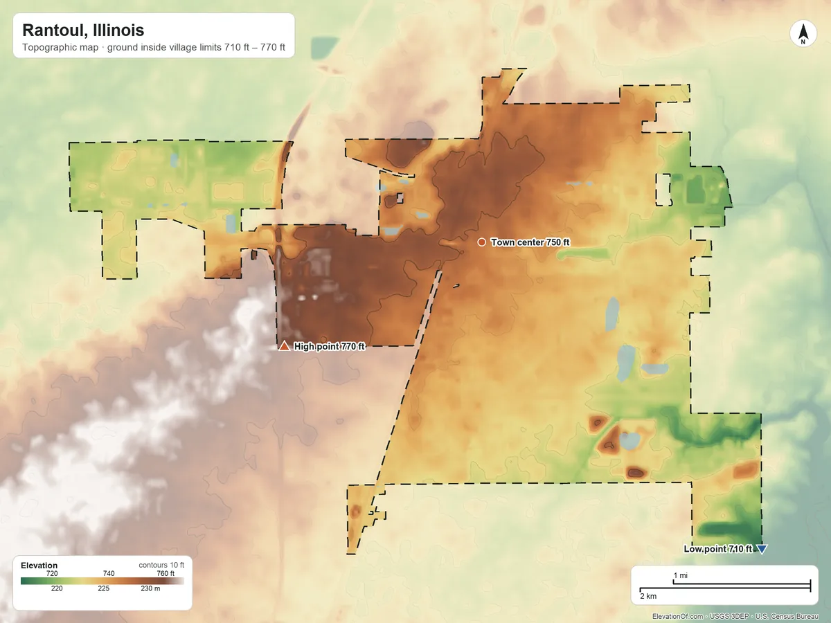 Topographic elevation map of Rantoul, Illinois, shaded from 710 ft on the southeast side to 770 ft on the southwest side