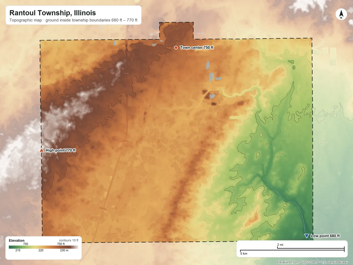 Topographic elevation map of Rantoul Township, Illinois, shaded from 680 ft on the southeast side to 770 ft on the southwest side