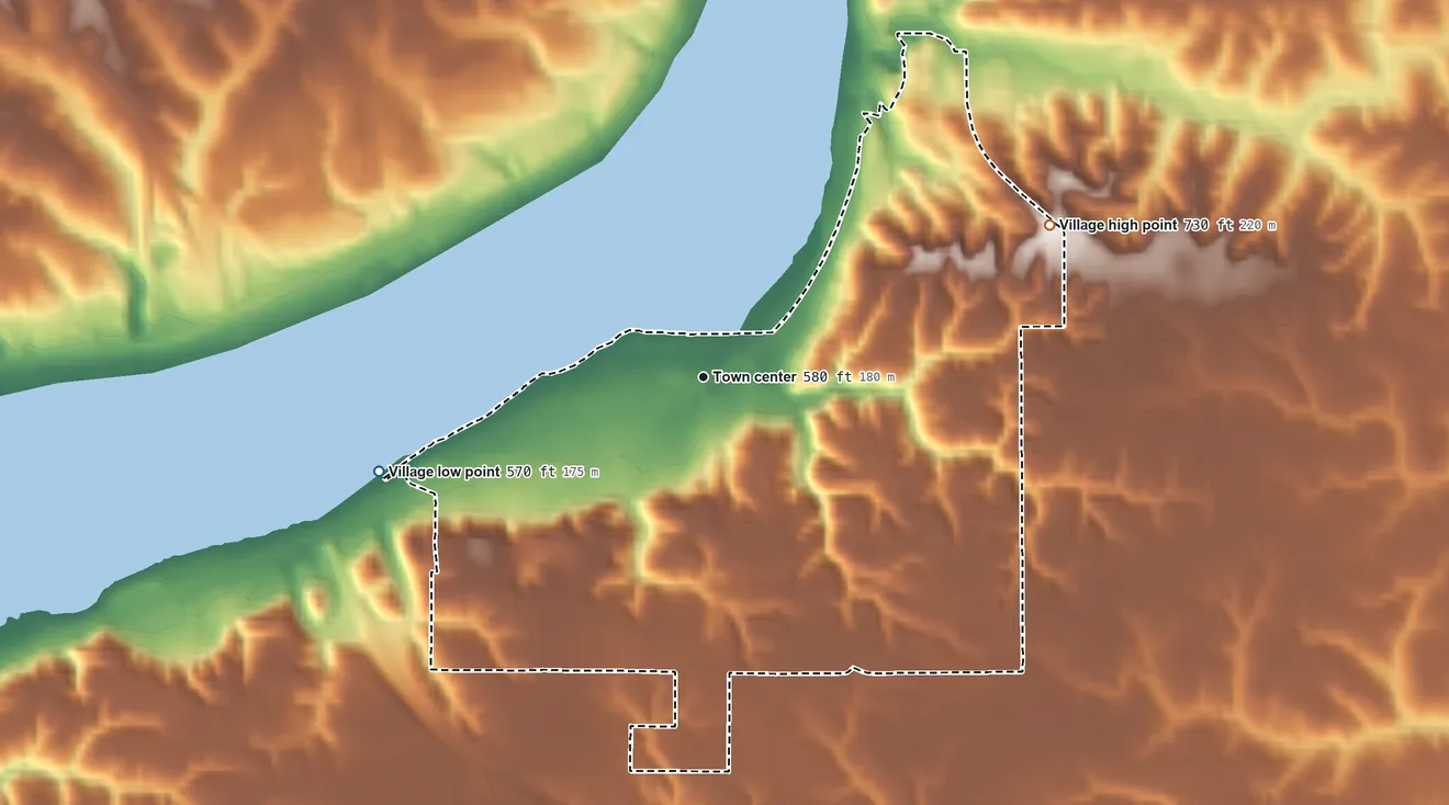 Topographic elevation map of Rapids City, Illinois, shaded from 570 ft on the west side to 730 ft on the northeast side