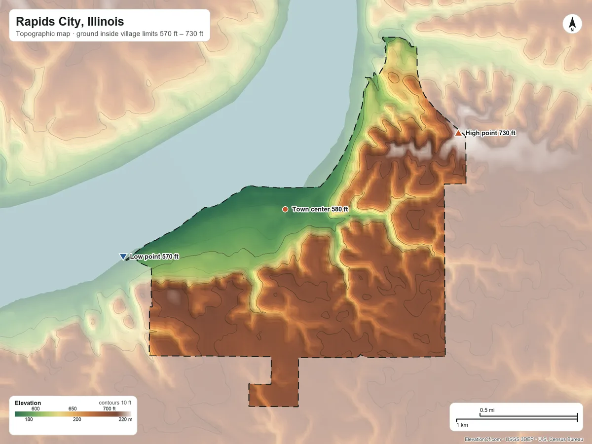 Topographic elevation map of Rapids City, Illinois, shaded from 570 ft on the west side to 730 ft on the northeast side