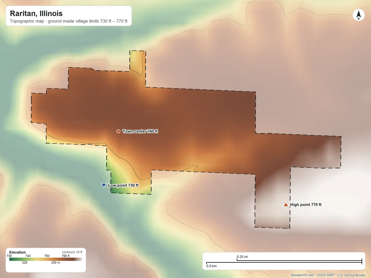 Topographic elevation map of Raritan, Illinois, shaded from 730 ft on the south side to 770 ft on the southeast side