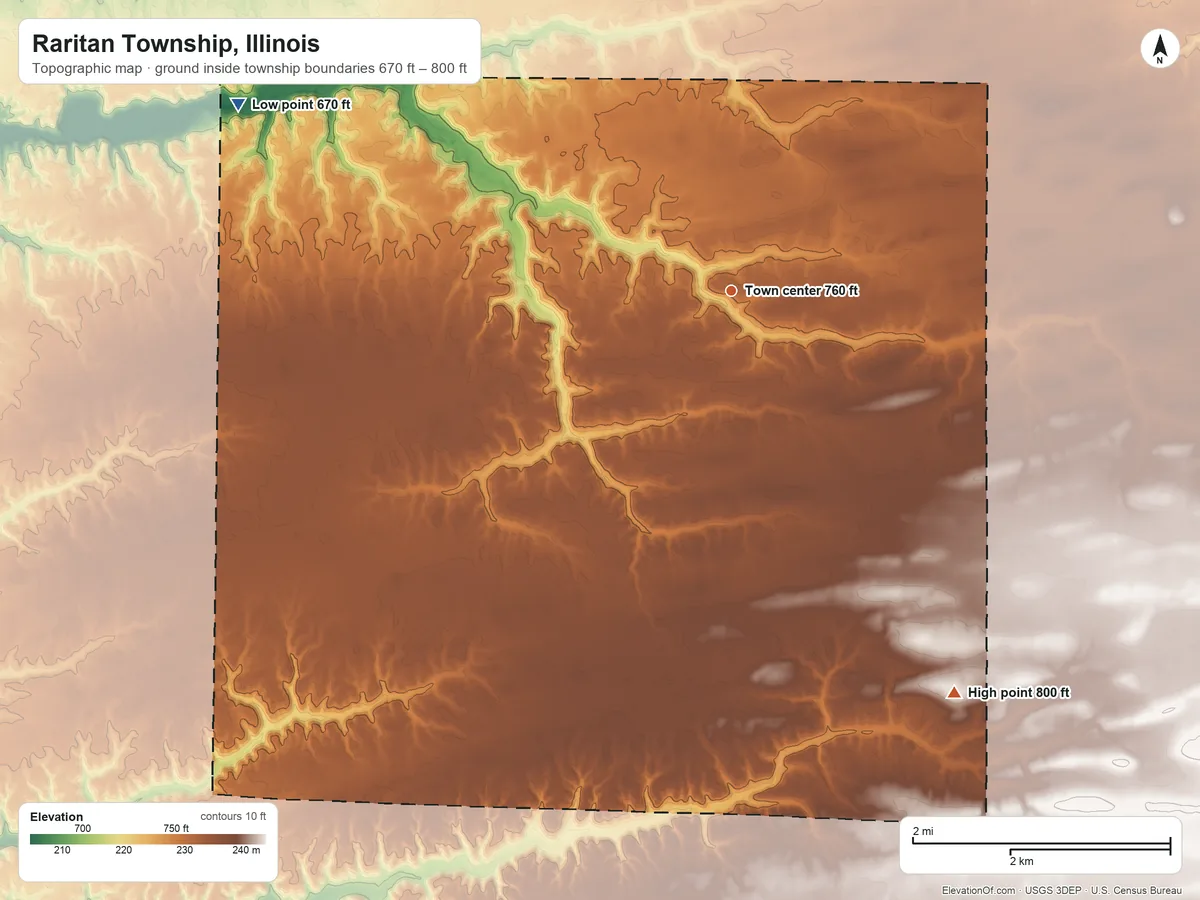 Topographic elevation map of Raritan Township, Illinois, shaded from 670 ft on the west side to 800 ft on the southeast side