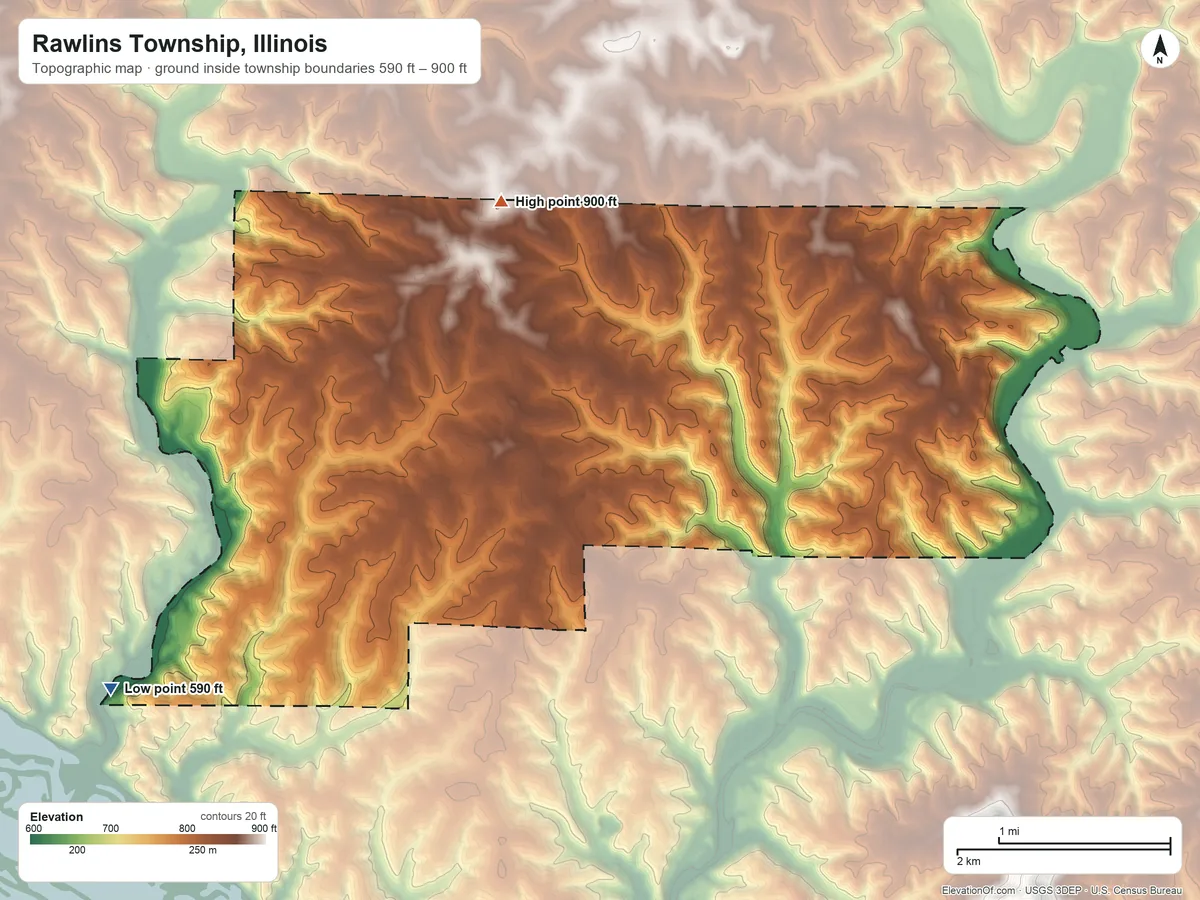 Topographic elevation map of Rawlins Township, Illinois, shaded from 590 ft on the southwest side to 900 ft on the north side