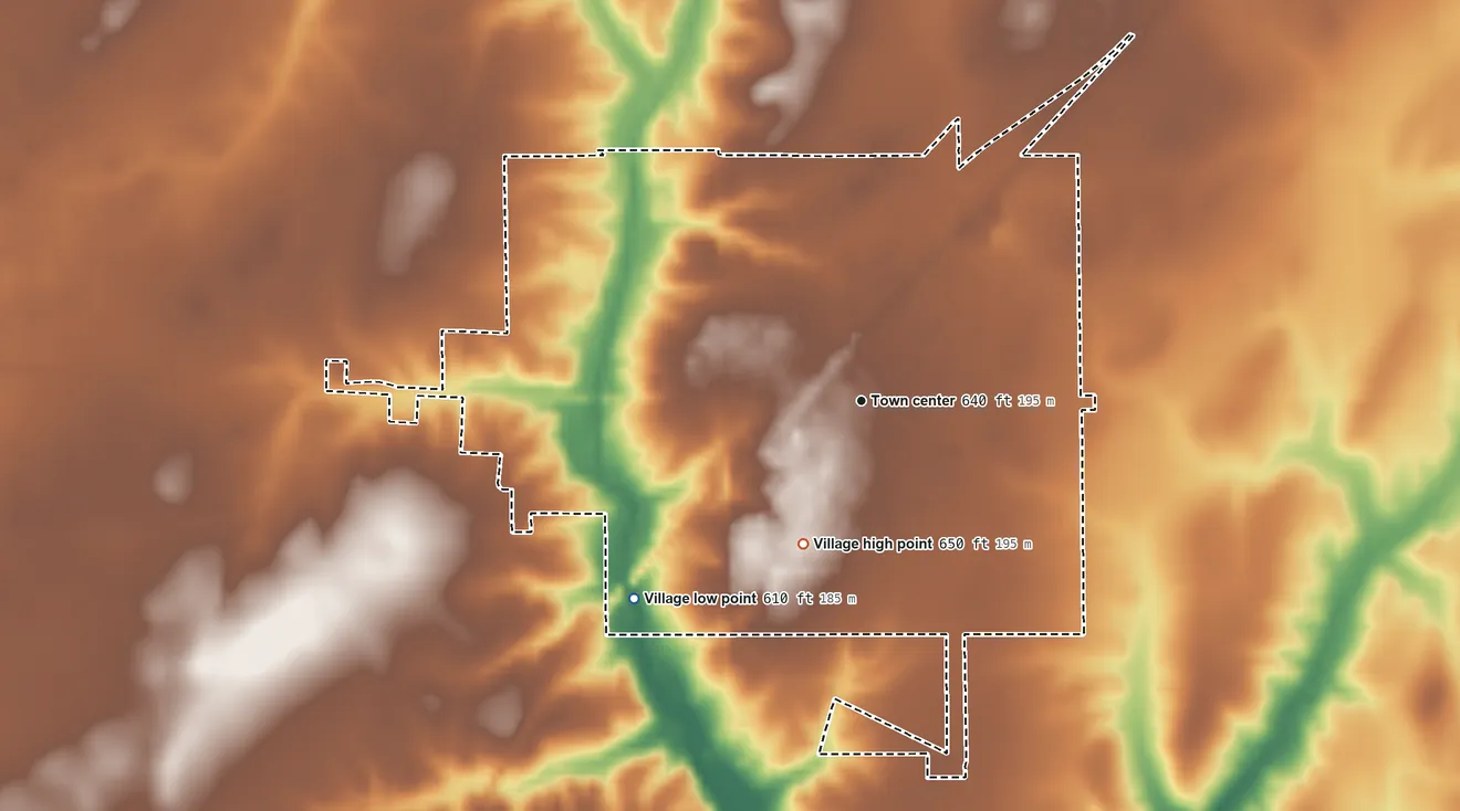 Topographic elevation map of Raymond, Illinois, shaded from 610 ft on the southwest side to 650 ft on the south side