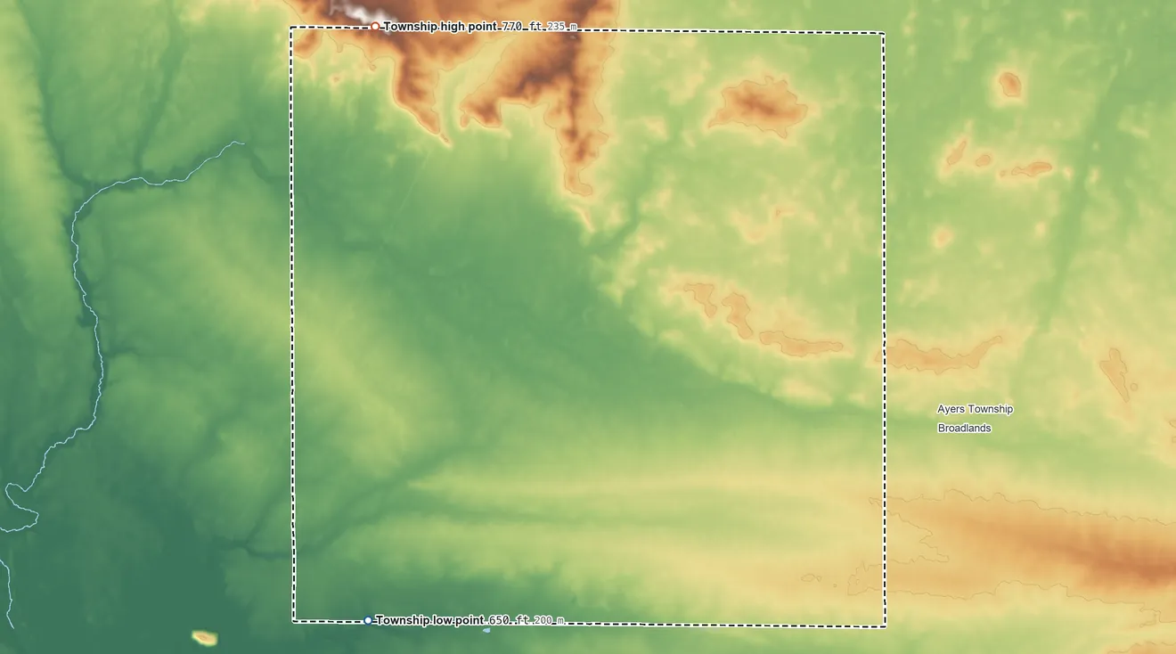 Topographic elevation map of Raymond Township, Champaign County, Illinois, shaded from 650 ft on the southwest side to 770 ft on the northwest side
