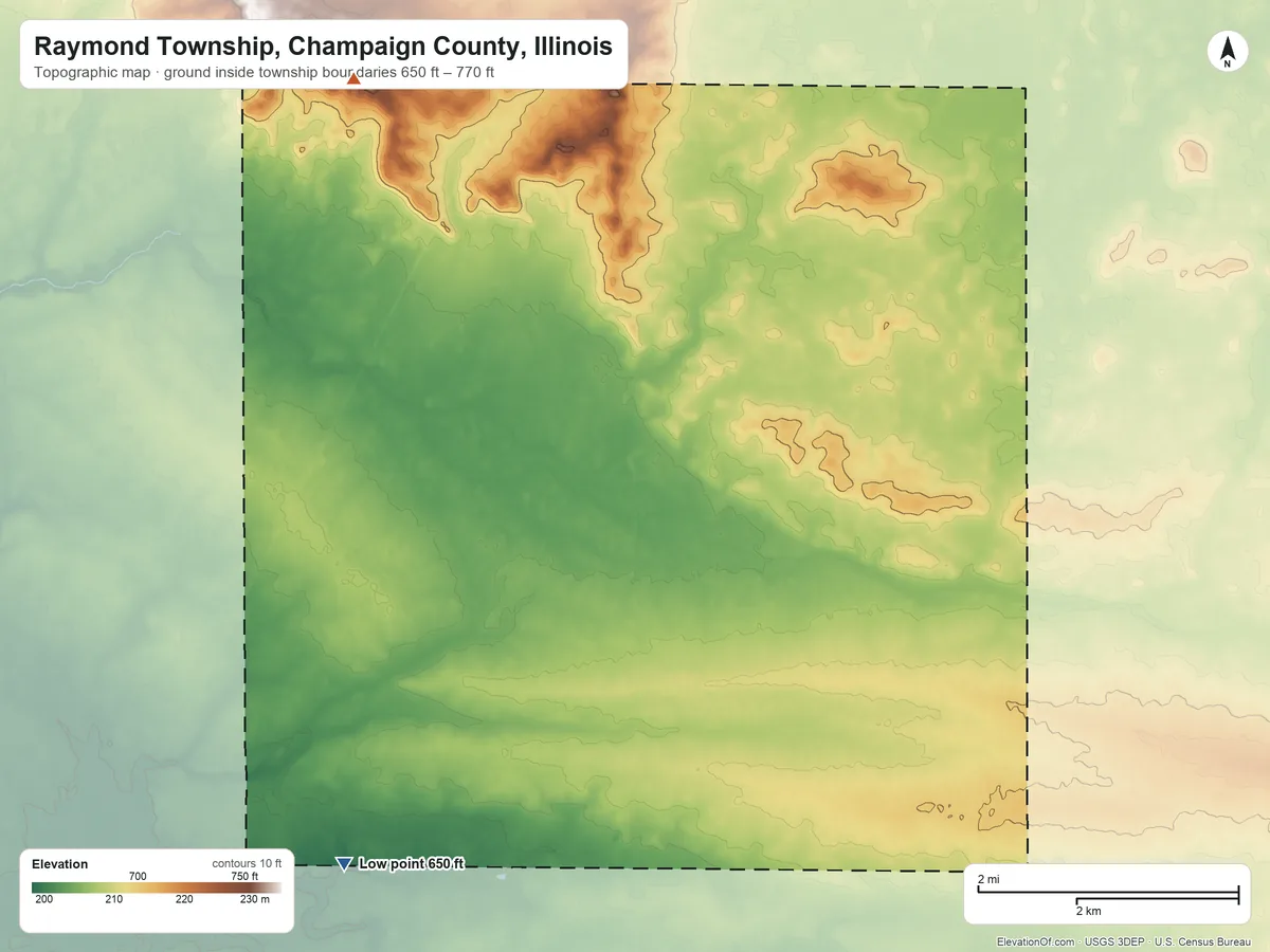 Topographic elevation map of Raymond Township, Champaign County, Illinois, shaded from 650 ft on the southwest side to 770 ft on the northwest side