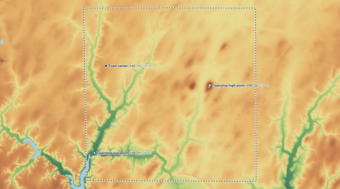 Topographic elevation map of Raymond Township, Illinois, shaded from 590 ft on the south side to 690 ft on the east side