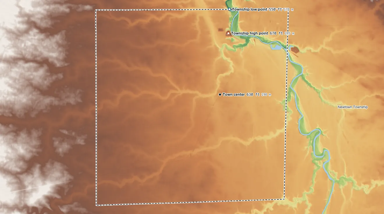 Topographic elevation map of Reading Township, Illinois, shaded from 550 ft on the north side to 670 ft on the north side