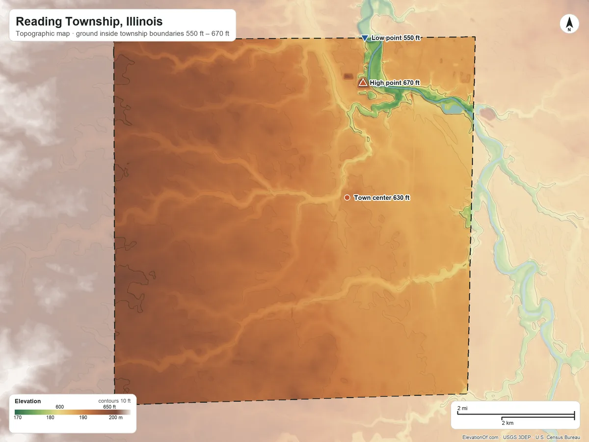 Topographic elevation map of Reading Township, Illinois, shaded from 550 ft on the north side to 670 ft on the north side