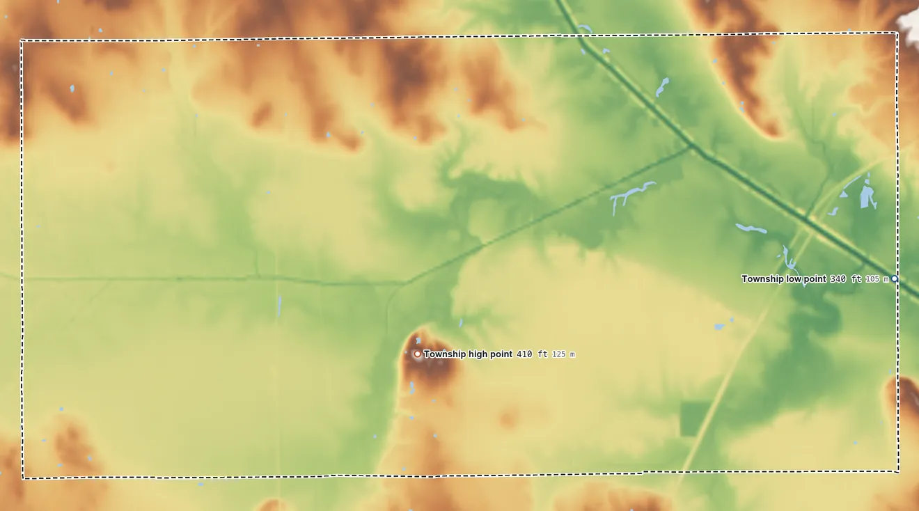 Topographic elevation map of Rector Township, Illinois, shaded from 340 ft on the east side to 410 ft near the middle