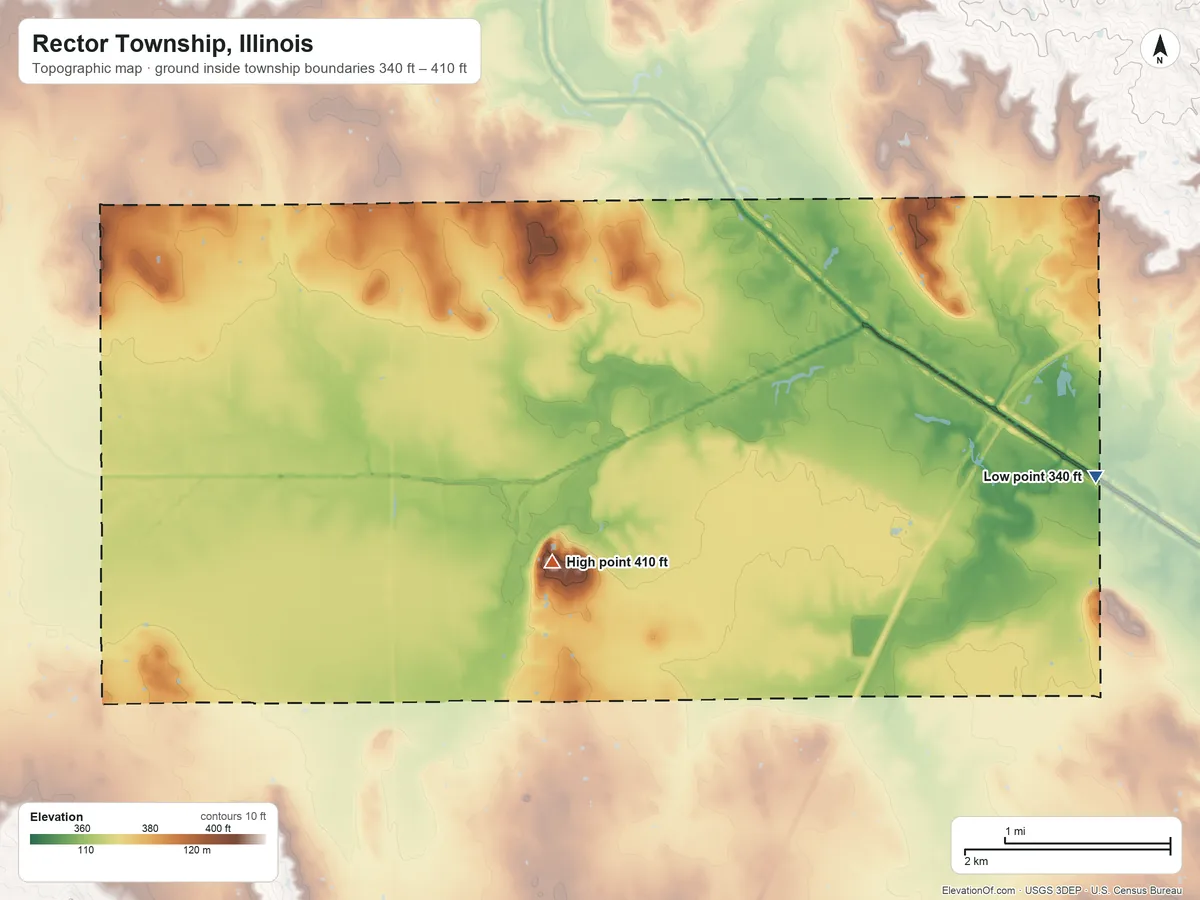 Topographic elevation map of Rector Township, Illinois, shaded from 340 ft on the east side to 410 ft near the middle
