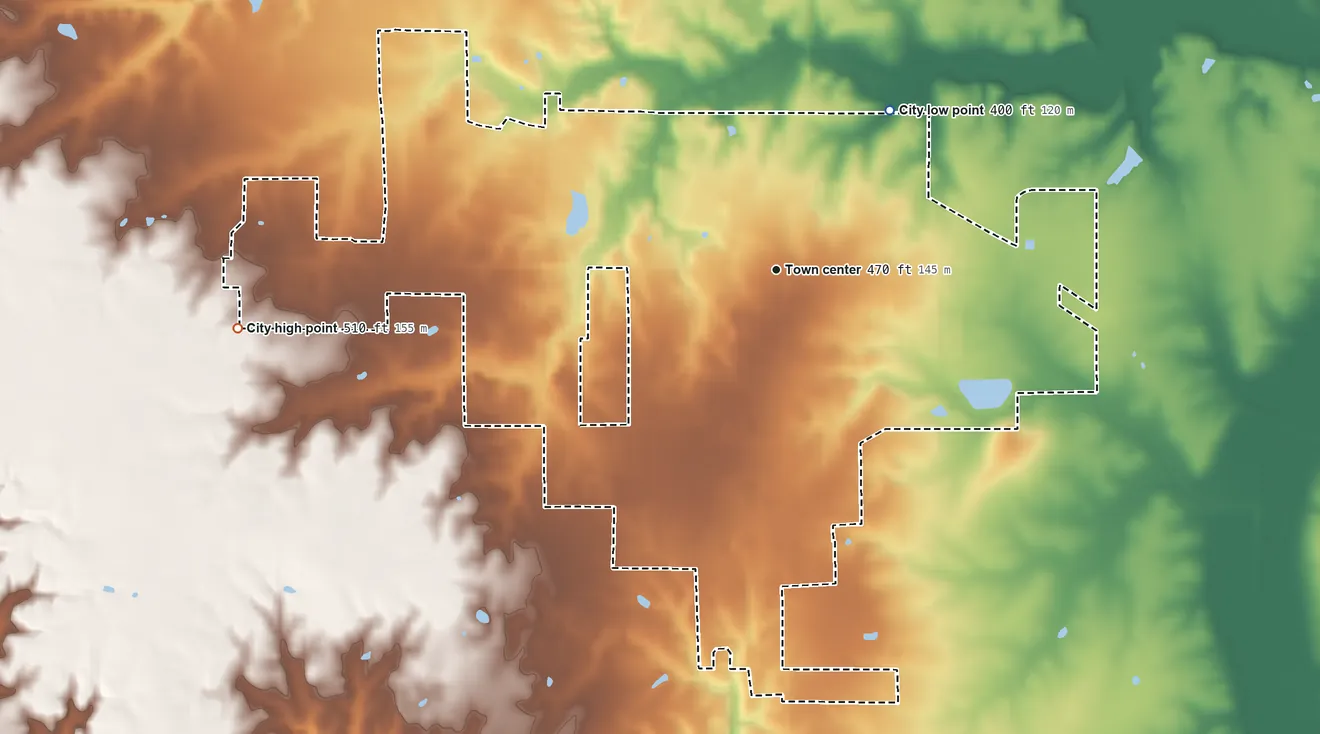 Topographic elevation map of Red Bud, Illinois, shaded from 400 ft on the northeast side to 510 ft on the west side