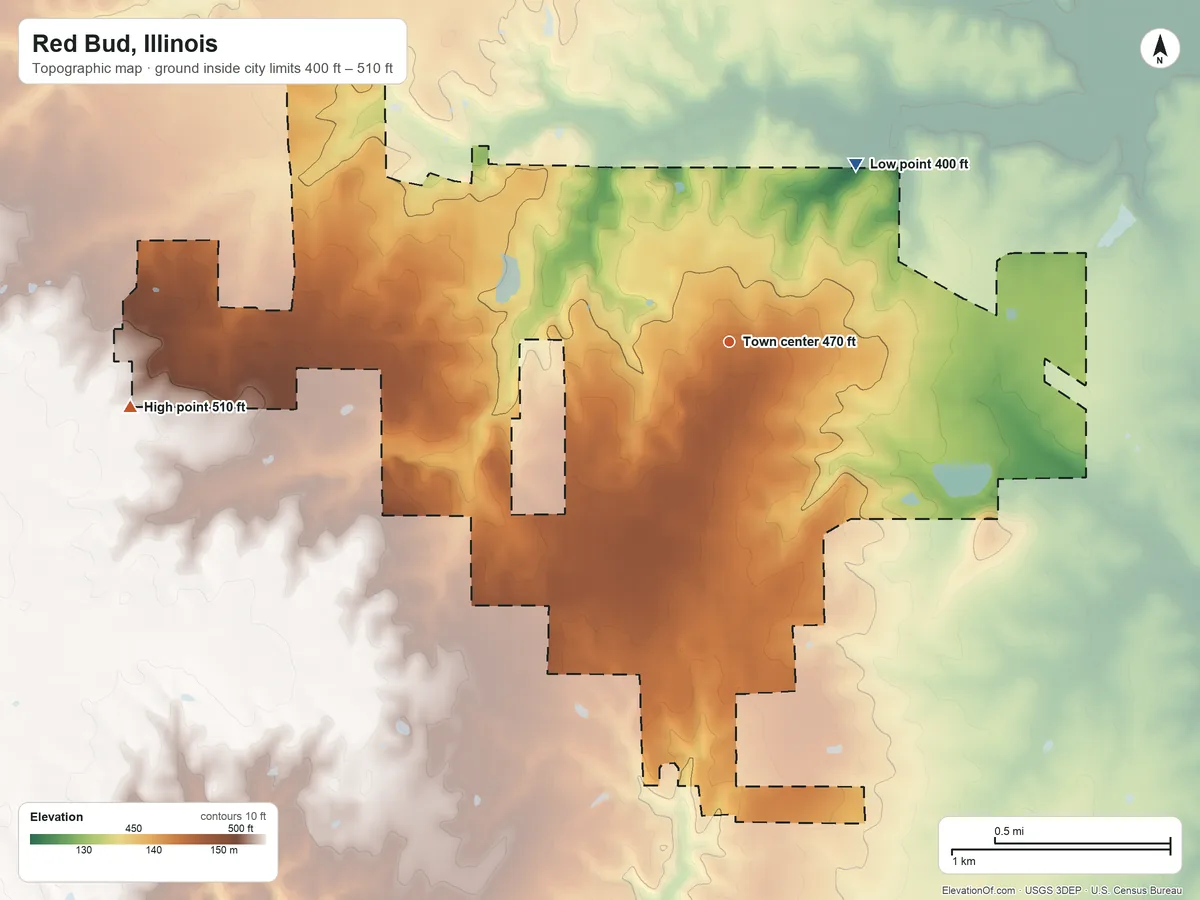 Topographic elevation map of Red Bud, Illinois, shaded from 400 ft on the northeast side to 510 ft on the west side