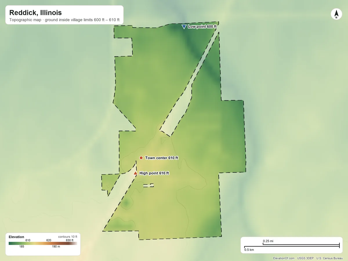 Topographic elevation map of Reddick, Illinois, shaded from 600 ft on the north side to 610 ft near the middle