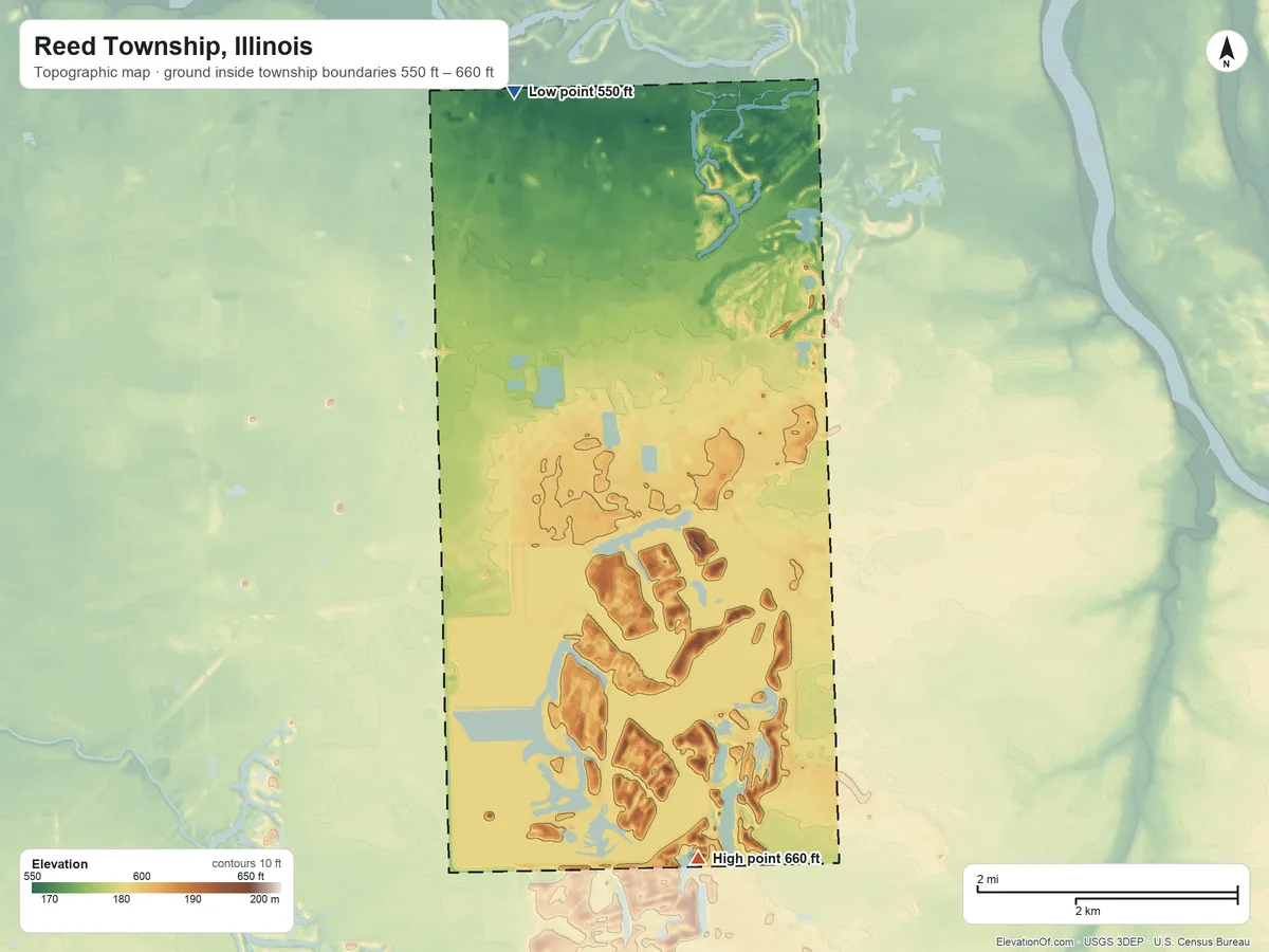 Topographic elevation map of Reed Township, Illinois, shaded from 550 ft on the northwest side to 660 ft on the south side