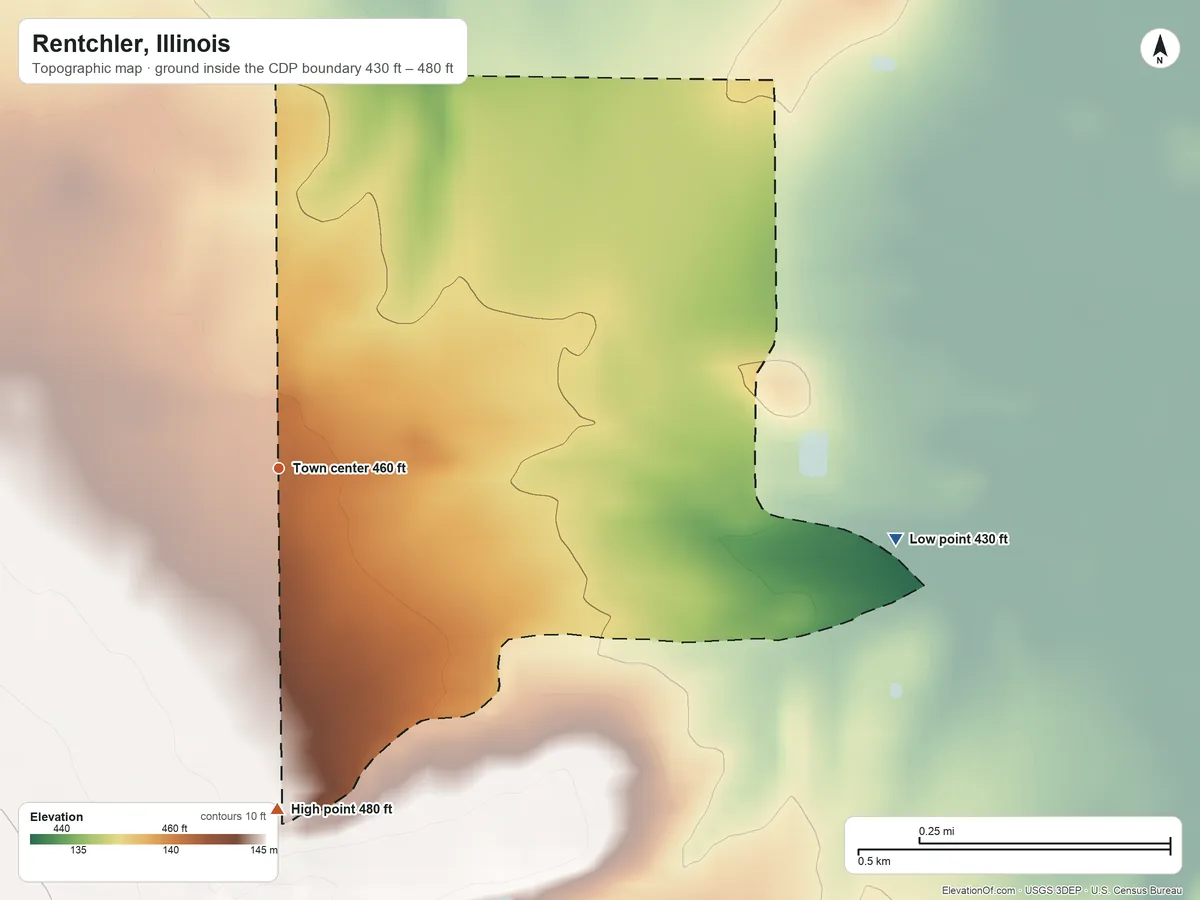 Topographic elevation map of Rentchler, Illinois, shaded from 430 ft on the east side to 480 ft on the south side