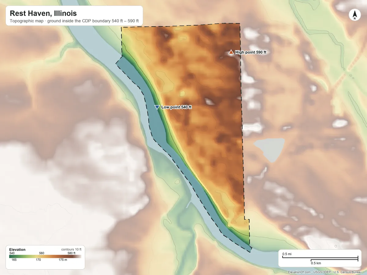 Topographic elevation map of Rest Haven, Illinois, shaded from 540 ft on the southwest side to 590 ft on the northeast side