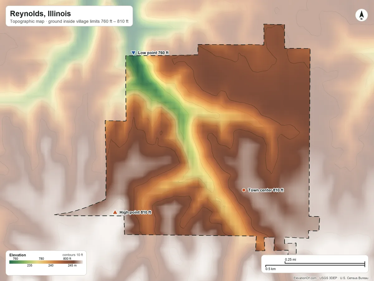 Topographic elevation map of Reynolds, Illinois, shaded from 760 ft on the northwest side to 810 ft on the west side