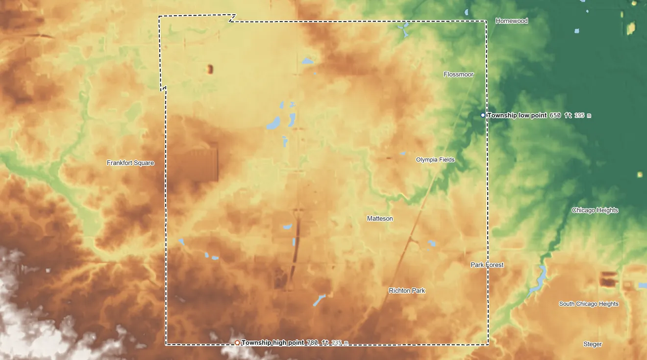 Topographic elevation map of Rich Township, Illinois, shaded from 650 ft on the northeast side to 780 ft on the southwest side