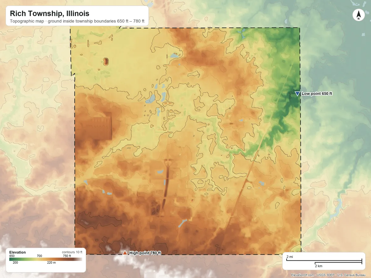 Topographic elevation map of Rich Township, Illinois, shaded from 650 ft on the northeast side to 780 ft on the southwest side