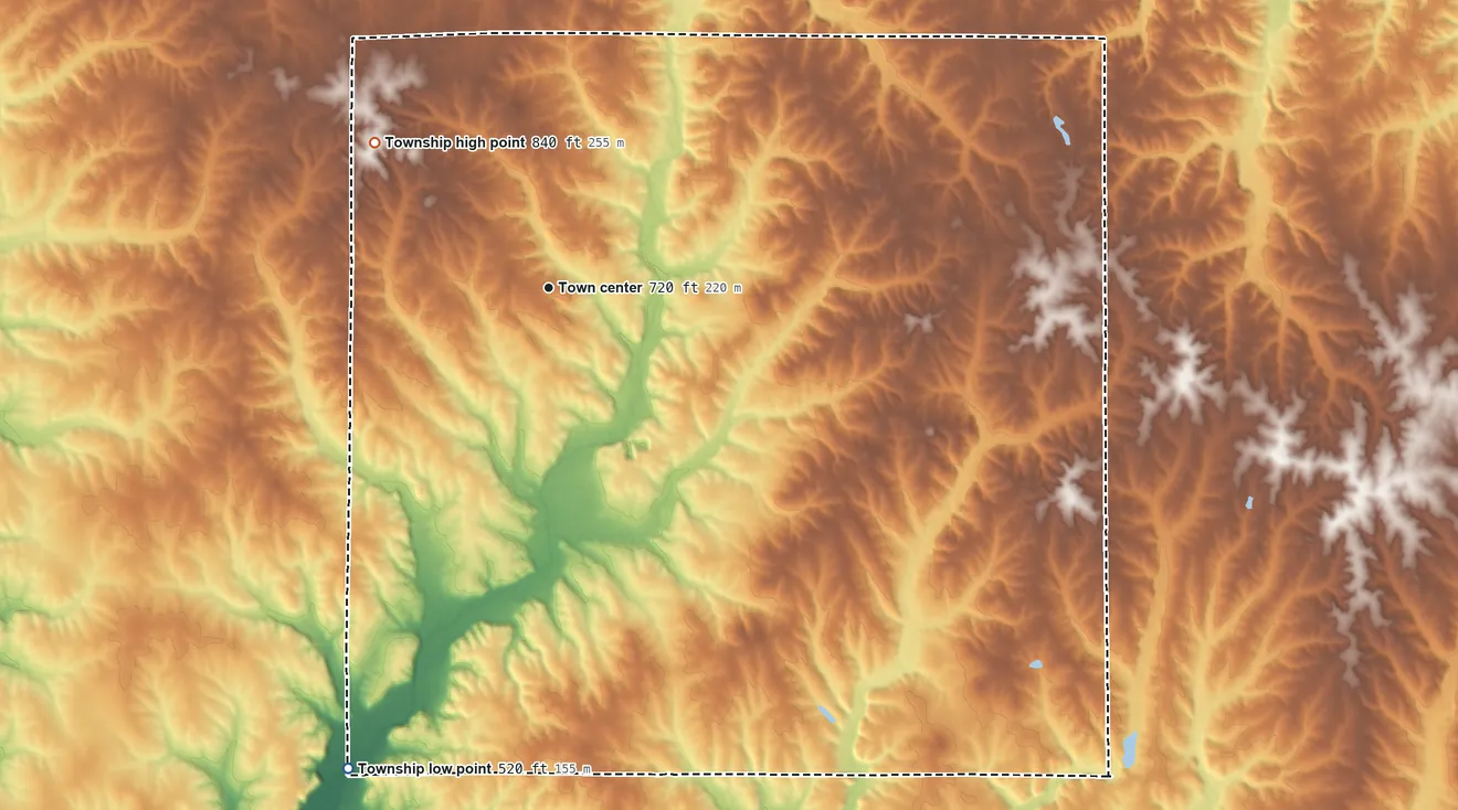 Topographic elevation map of Richfield Township, Illinois, shaded from 520 ft on the southwest side to 840 ft on the northwest side