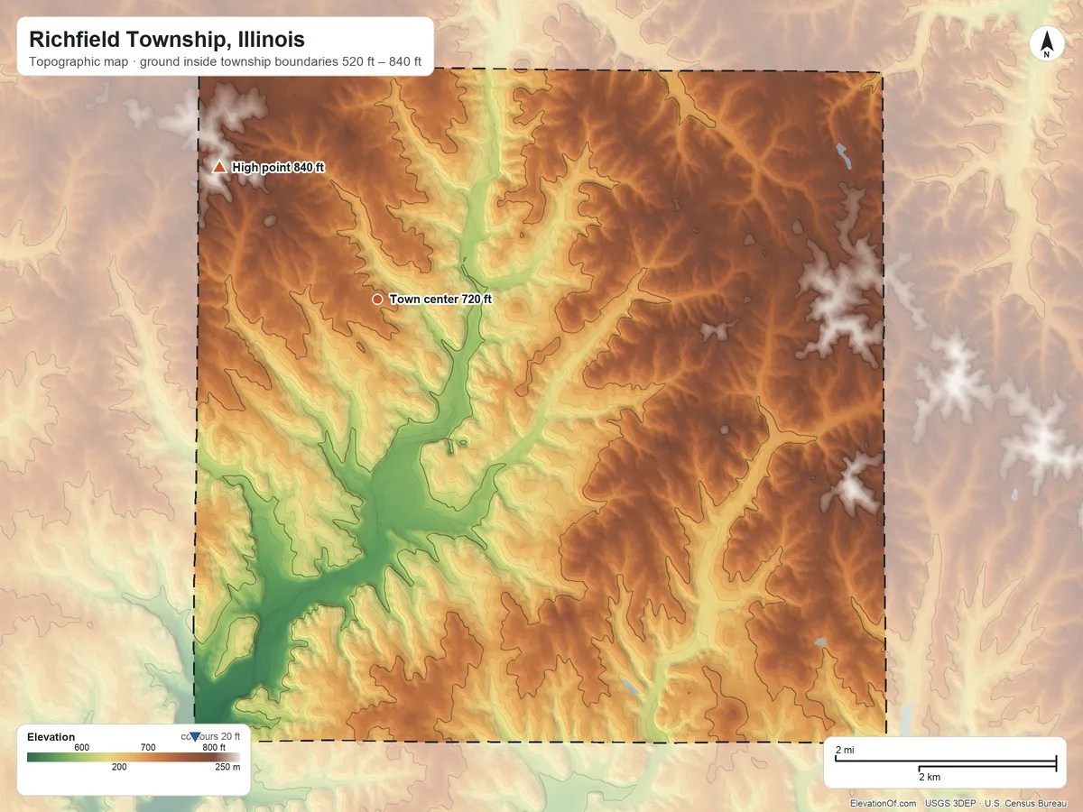 Topographic elevation map of Richfield Township, Illinois, shaded from 520 ft on the southwest side to 840 ft on the northwest side