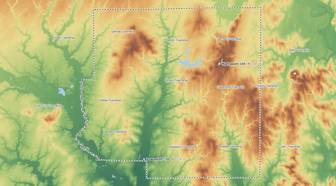 Topographic elevation map of Richland County, Illinois, shaded from 390 ft on the south side to 600 ft on the northeast side