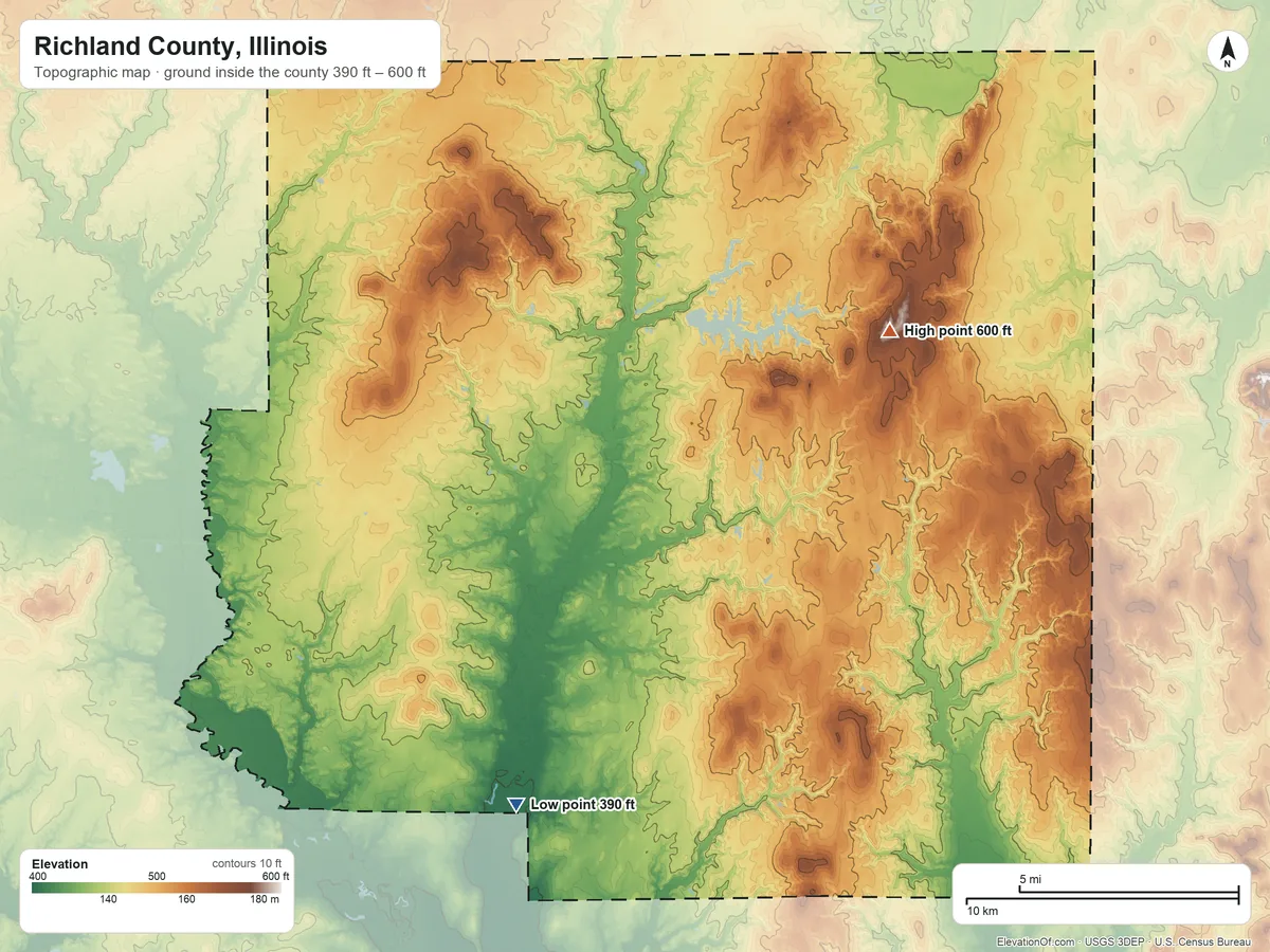 Topographic elevation map of Richland County, Illinois, shaded from 390 ft on the south side to 600 ft on the northeast side