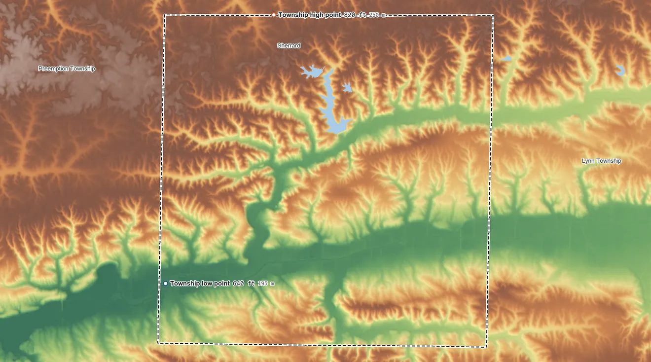 Topographic elevation map of Richland Grove Township, Illinois, shaded from 640 ft on the southwest side to 820 ft on the northwest side