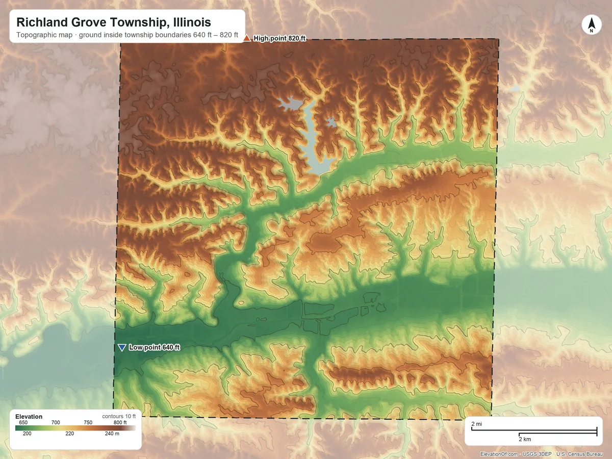 Topographic elevation map of Richland Grove Township, Illinois, shaded from 640 ft on the southwest side to 820 ft on the northwest side
