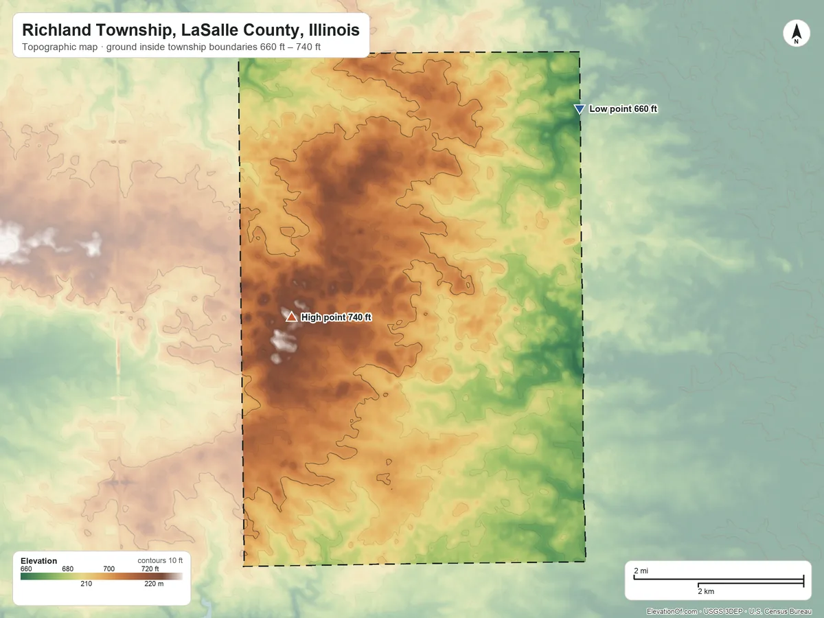 Topographic elevation map of Richland Township, LaSalle County, Illinois, shaded from 660 ft on the northeast side to 740 ft on the southwest side