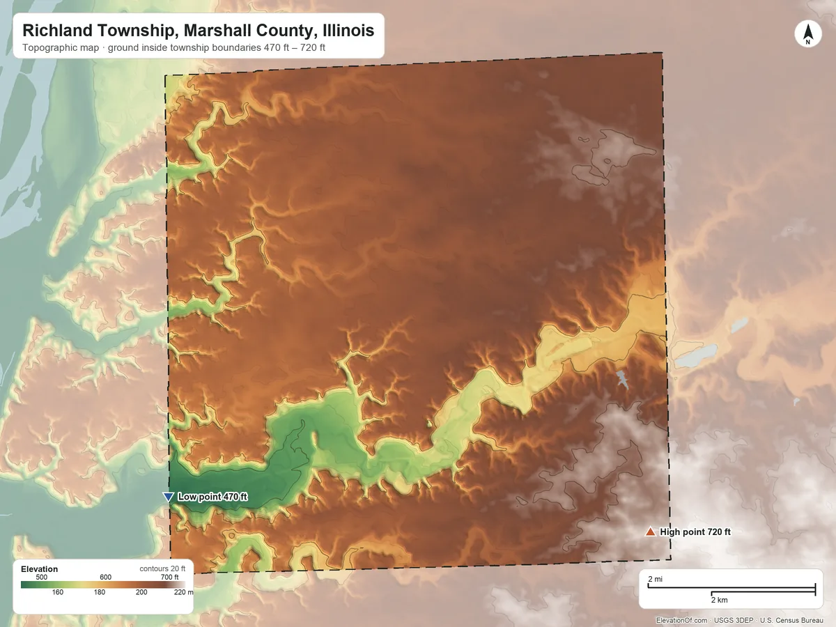 Topographic elevation map of Richland Township, Marshall County, Illinois, shaded from 470 ft on the southwest side to 720 ft on the southeast side