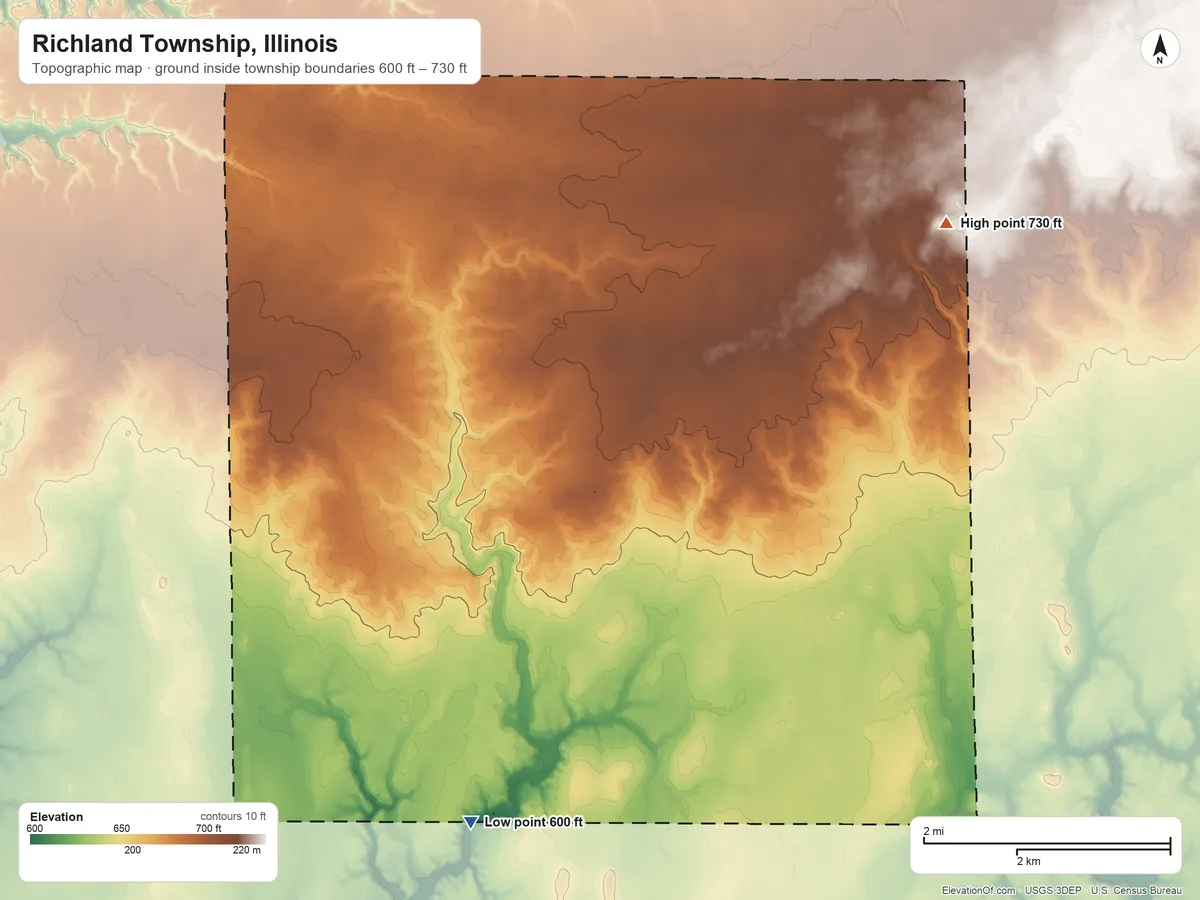 Topographic elevation map of Richland Township, Illinois, shaded from 600 ft on the southwest side to 730 ft on the northeast side