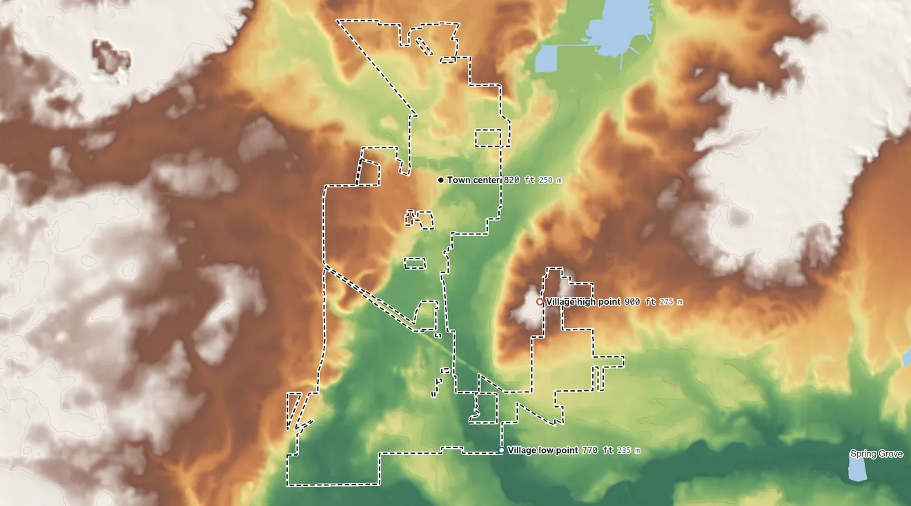 Topographic elevation map of Richmond, Illinois, shaded from 770 ft on the south side to 900 ft on the southeast edge, below higher ground just outside