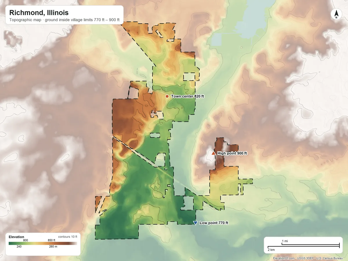 Topographic elevation map of Richmond, Illinois, shaded from 770 ft on the south side to 900 ft on the southeast edge, below higher ground just outside