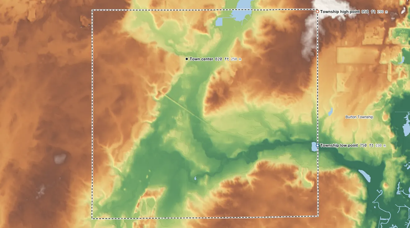 Topographic elevation map of Richmond Township, Illinois, shaded from 750 ft on the southeast side to 950 ft on the east side