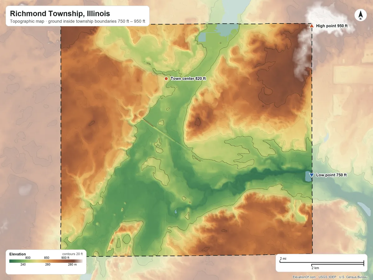 Topographic elevation map of Richmond Township, Illinois, shaded from 750 ft on the southeast side to 950 ft on the east side