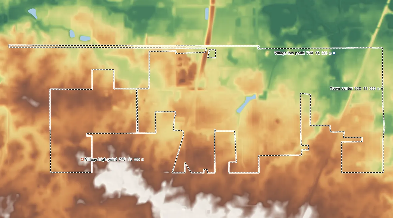 Topographic elevation map of Richton Park, Illinois, shaded from 700 ft on the northwest side to 770 ft on the west side