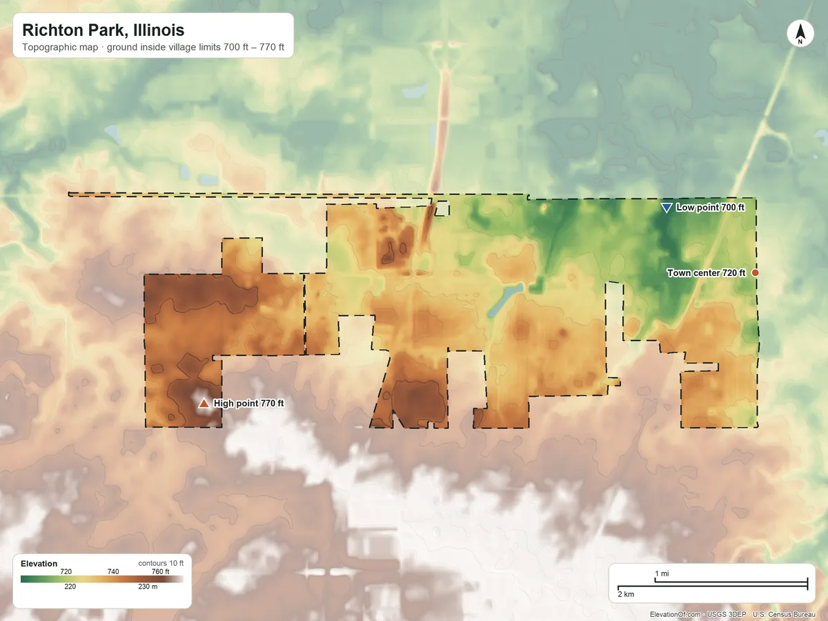 Topographic elevation map of Richton Park, Illinois, shaded from 700 ft on the northwest side to 770 ft on the west side