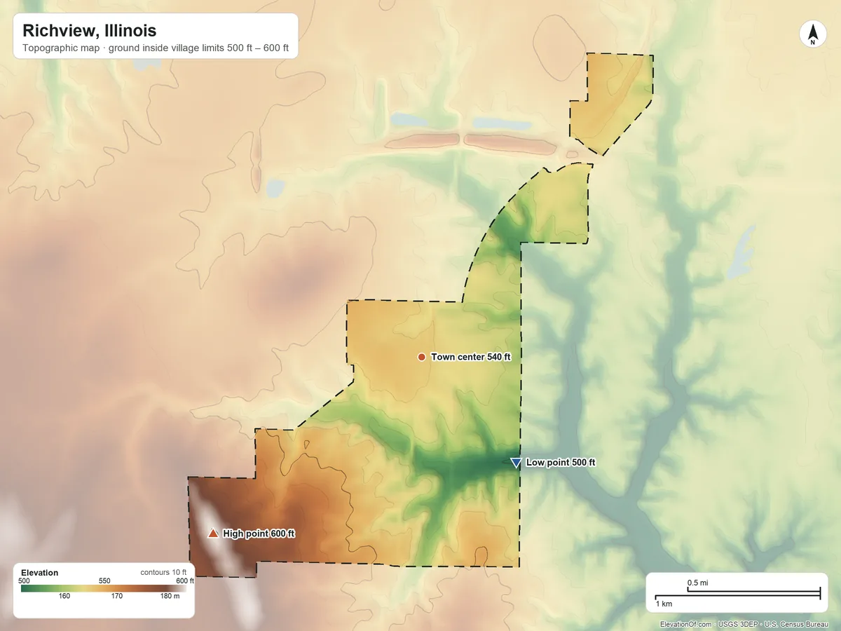 Topographic elevation map of Richview, Illinois, shaded from 500 ft on the southeast side to 600 ft on the southwest side