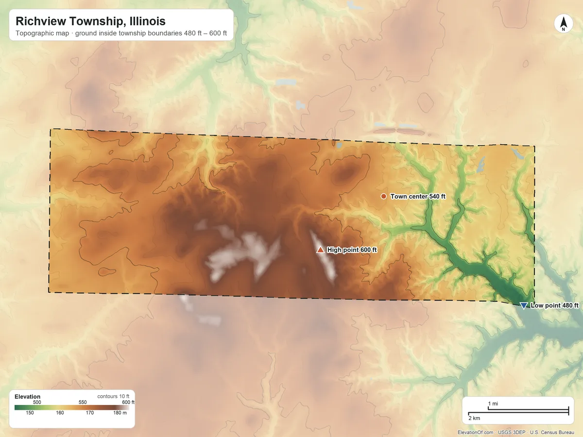 Topographic elevation map of Richview Township, Illinois, shaded from 480 ft on the southeast side to 600 ft on the southwest side