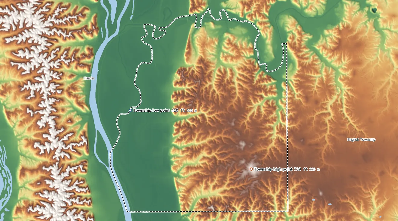 Topographic elevation map of Richwood Township, Illinois, shaded from 410 ft on the west side to 730 ft on the southwest side