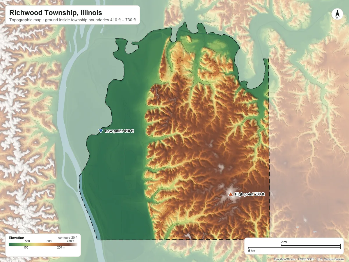 Topographic elevation map of Richwood Township, Illinois, shaded from 410 ft on the west side to 730 ft on the southwest side