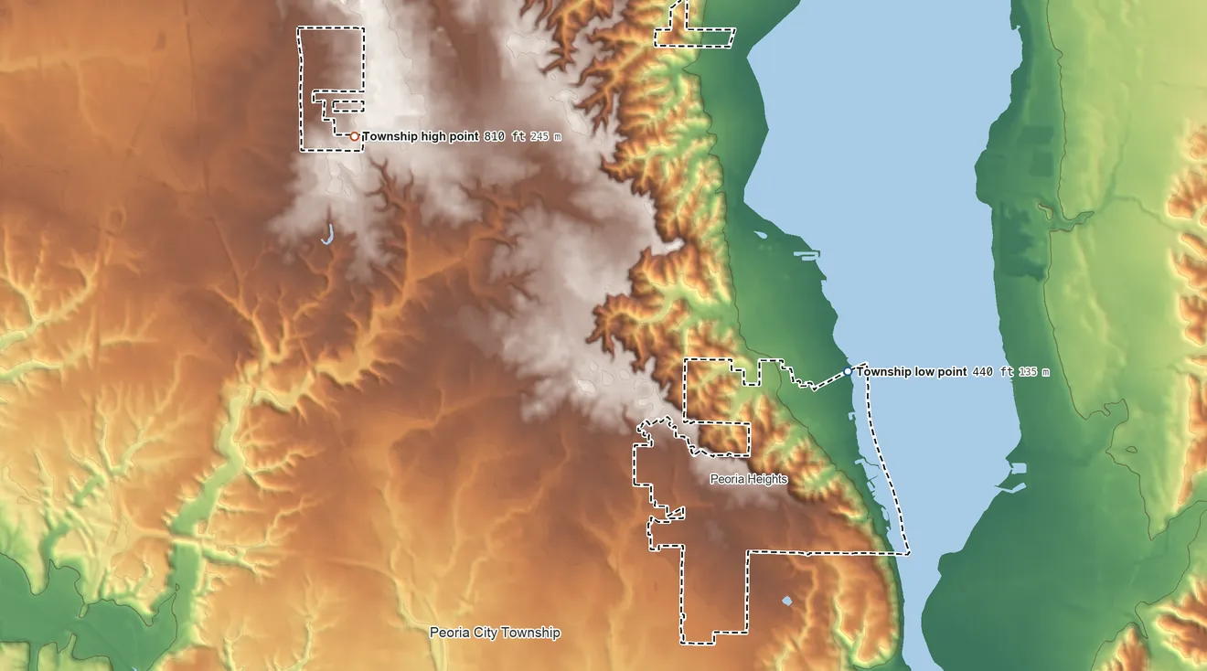 Topographic elevation map of Richwoods Township, Illinois, shaded from 440 ft on the northeast side to 810 ft on the northwest side