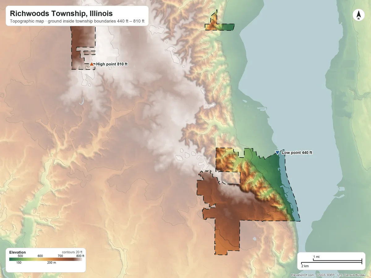 Topographic elevation map of Richwoods Township, Illinois, shaded from 440 ft on the northeast side to 810 ft on the northwest side