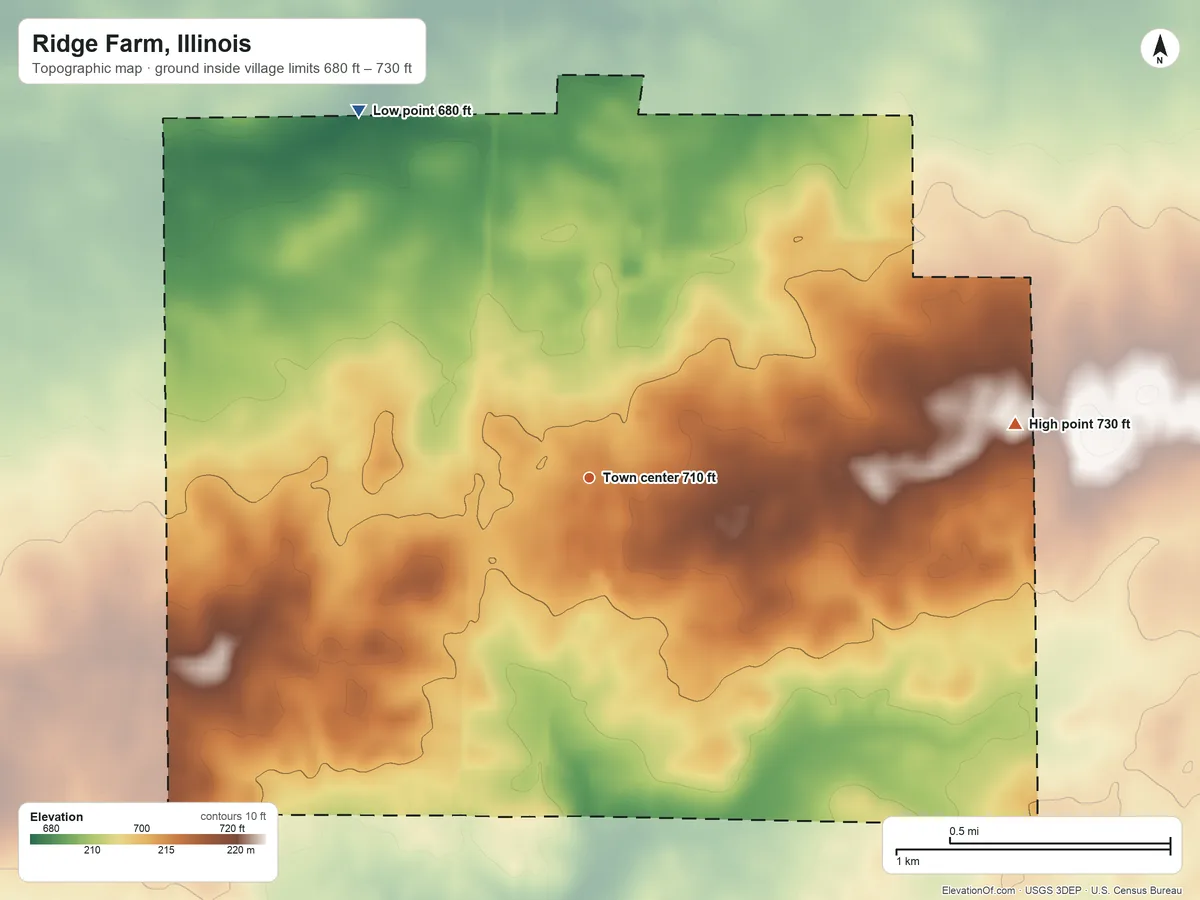 Topographic elevation map of Ridge Farm, Illinois, shaded from 680 ft on the northwest side to 730 ft on the east side