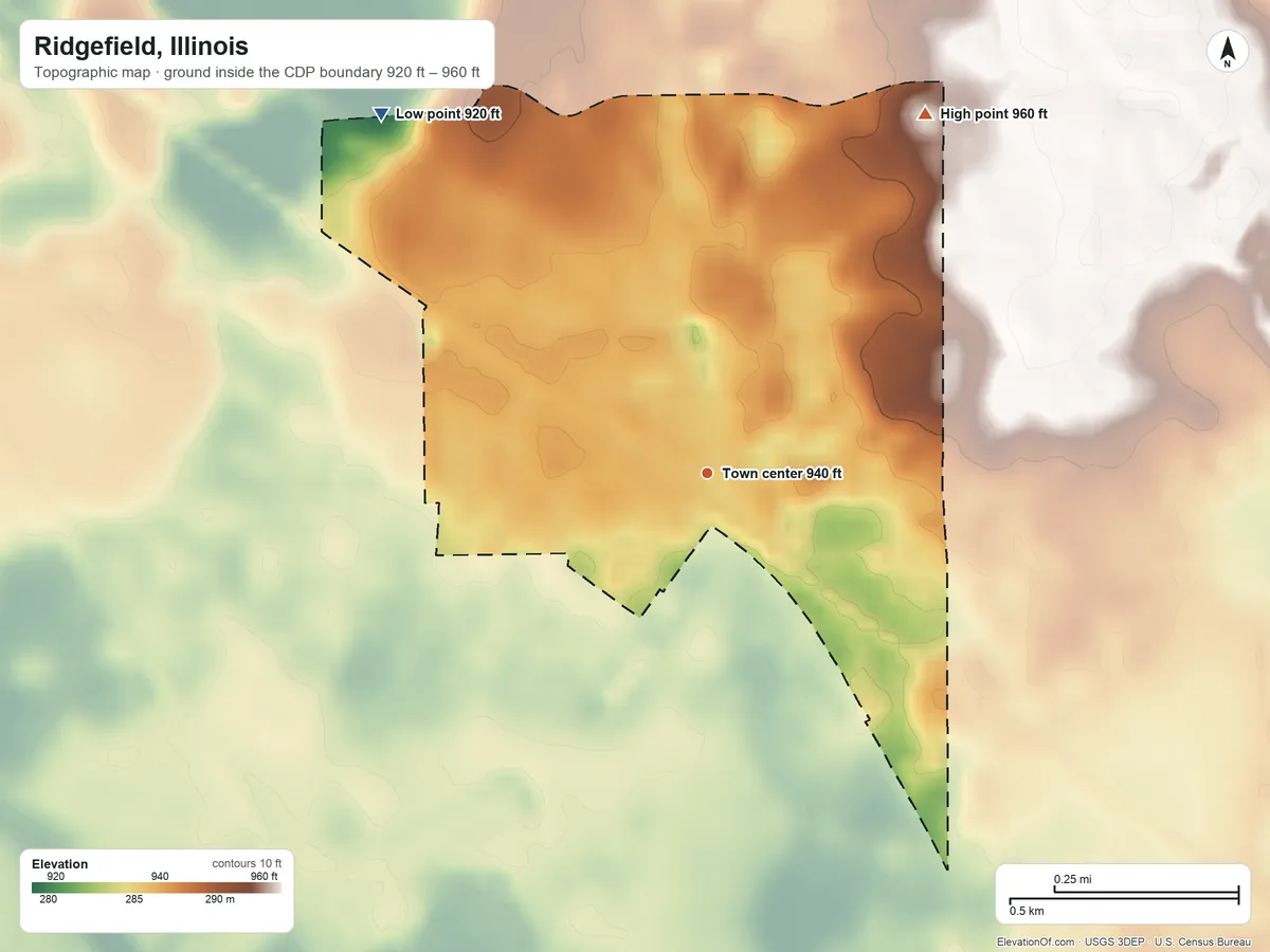 Topographic elevation map of Ridgefield, Illinois, shaded from 920 ft on the northwest side to 960 ft on the northeast side