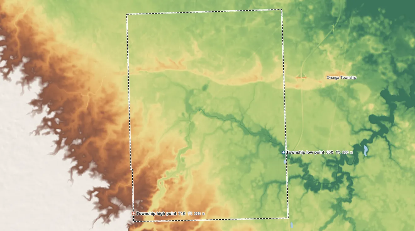 Topographic elevation map of Ridgeland Township, Illinois, shaded from 650 ft on the east side to 710 ft on the southwest side