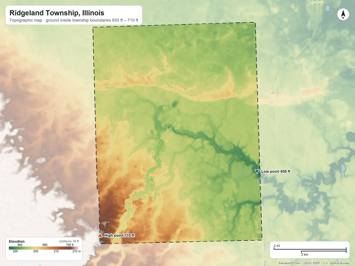 Topographic elevation map of Ridgeland Township, Illinois, shaded from 650 ft on the east side to 710 ft on the southwest side